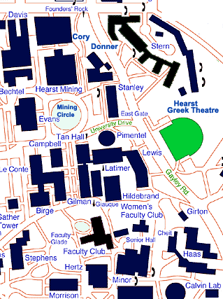 Map showing the location of the Greek Theatre off Gayley Road on the East side of campus.