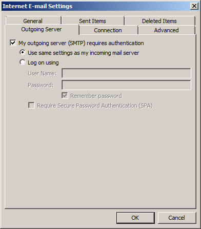 More Settings, Outgoing Server tab